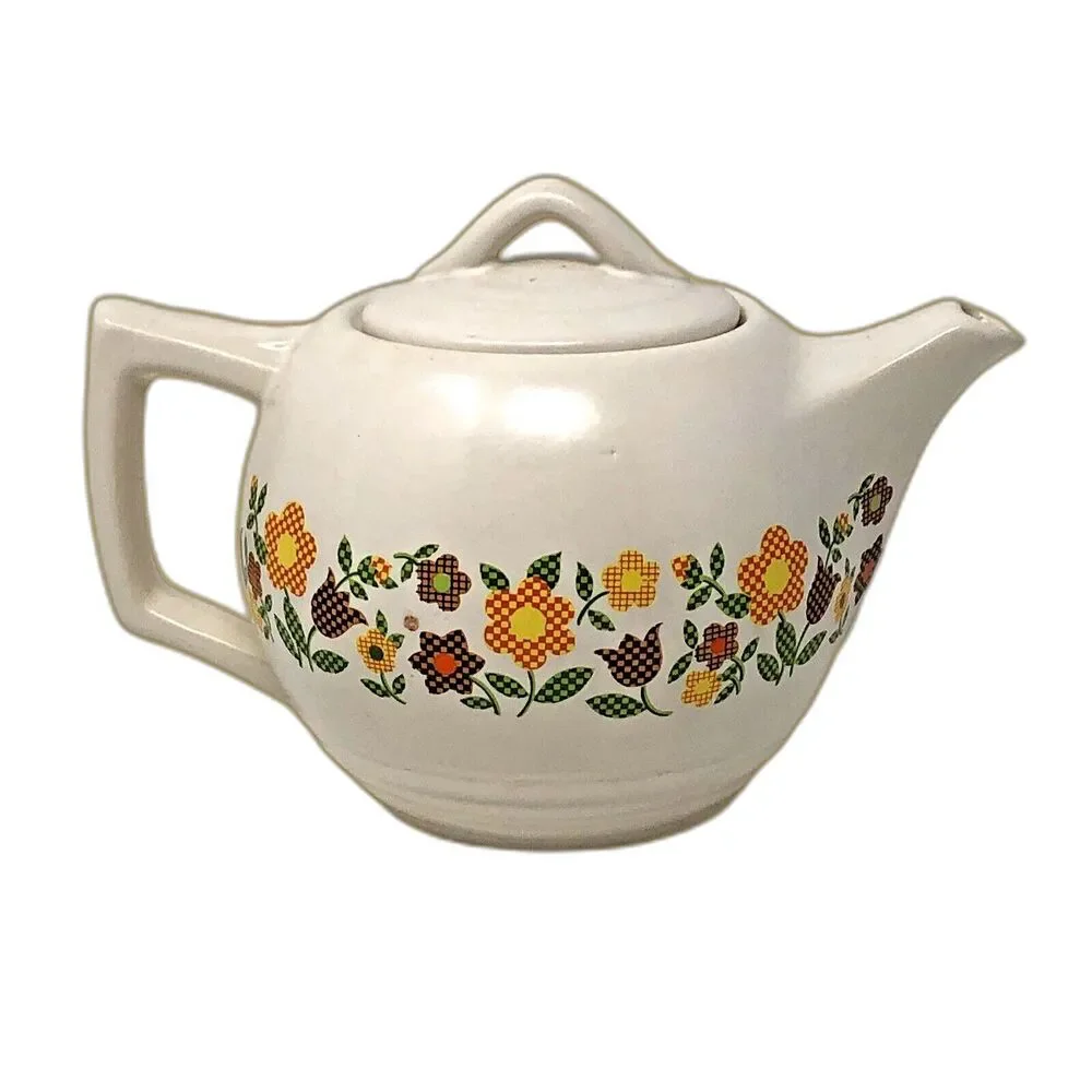 McCoy Pottery Teapot Vintage 70s Gingham Flowers Cottagecore Farmcore# 140 USA